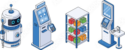 Isometric illustration of robot, self-service kiosks, and shelving unit with colorful boxes, representing automation, retail technology, digital service design, and modern inventory management artwor