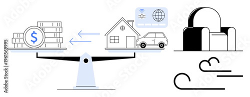 Finance, budgeting, economy, asset management, decision-making, resource evaluation. Scales with money on one side and house, car travel on the other. Finance and budgeting concept