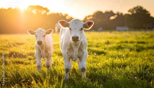Two young calves standing in a sunlit grassy field at sunset.