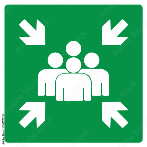 Green assembly point sign indicating a safe gathering area during evacuation to ensure safety and prevent chaos in emergencies.