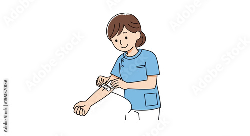Simple flat vector illustration of a healthcare worker vaccinating a child, friendly female nurse wearing medical uniform gently giving an injection to a smiling kid, clean line art, minimal design, s