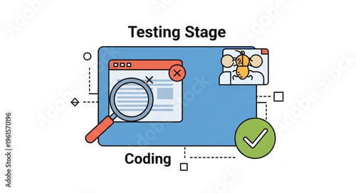 Software Testing Stage Illustration - Coding, Magnifying Glass, and Team Collaboration.