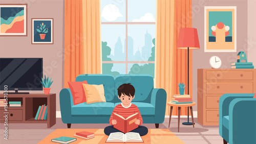 Young boy sitting on the floor and reading an interesting book in a cozy and well-decorated modern living room.