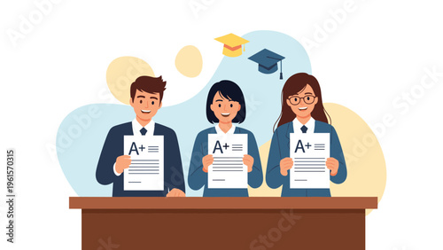 Group of three happy students in school uniforms proudly holding up their test papers with high A+ marks and grades.