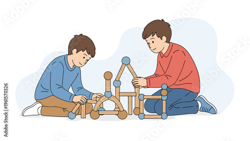 Two young boys sitting on the floor and collaboratively building complex structures using wooden magnetic building blocks.