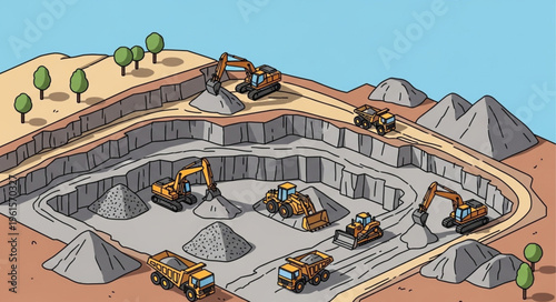 Illustration of an Open-Pit Mine with Heavy Machinery.