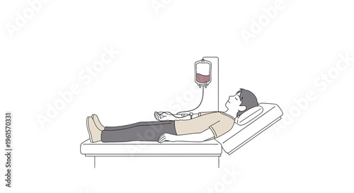 Patient lying on hospital bed receiving IV.
