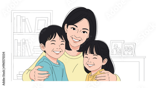 Portrait of a happy smiling mother embracing her young son and daughter in a bright and cozy indoor living room setting.