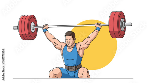 Strong male athlete in a blue singlet performing a heavy barbell snatch lift against a yellow sun background.