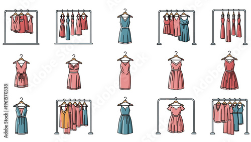 Large collection of stylish women's dresses in different designs and pink and blue colors hanging on clothing racks.