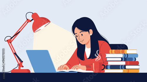 Focused young woman studying hard at night with a laptop, desk lamp, and a tall stack of colorful books on her desk.