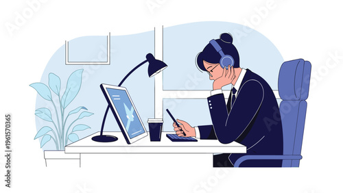 Young professional woman wearing headphones while working diligently at her desk late into the night with a laptop and phone.