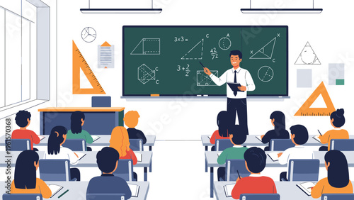 Male teacher explaining geometry on a chalkboard to a diverse group of primary school students in a modern classroom setting.