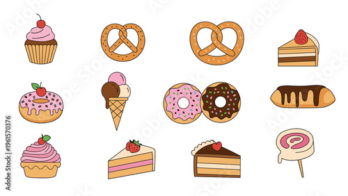 Delicious assortment of sweet treats including cupcakes, donuts, pretzels, ice cream, cakes, and other colorful pastries.