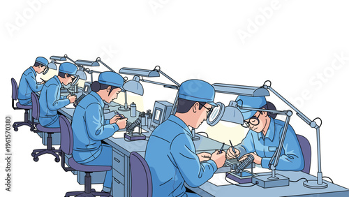 Row of factory workers in blue uniforms and masks working carefully at an assembly line for electronic components.
