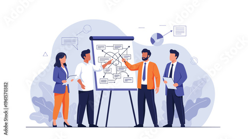 Group of professional business people brainstorming and planning strategy together at a flip chart in a modern office.