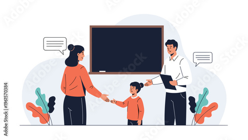 Professional teacher meeting with a mother and her young daughter in a classroom to discuss student progress and education.