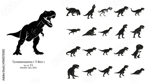 This compelling illustration showcases a powerful Tyrannosaurus Rex silhouette with its formidable jaws wide open prominently displayed next to a comprehensive grid of various smaller prehistoric.