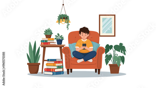Young man sitting comfortably in an armchair at home while using his smartphone surrounded by indoor plants and books.