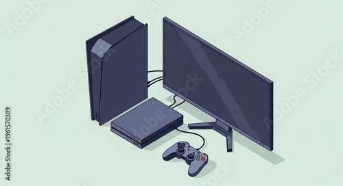 Isometric Gaming Setup - PC, Console, Monitor, and Controller.