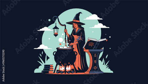 Mysterious witch with a pointed hat brewing a magic potion in a large black cauldron over a glowing fire at night.