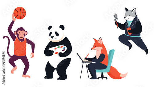 Collection of animals engaged in human activities including a monkey playing basketball, a panda painting, a fox writing, and a wolf flying.