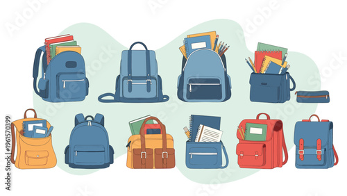 Large set of colorful school backpacks and bags filled with various school supplies like books, notebooks, and pencils for students.