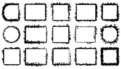 Black abstract decorative frames. Various geometric shapes like circles and rectangles with detailed rough edges