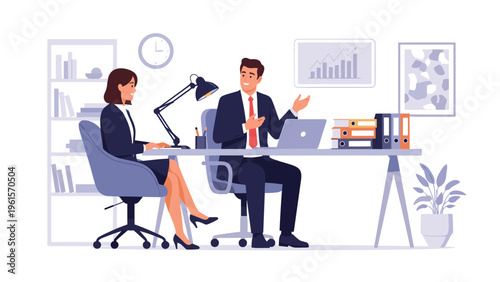 Professional business colleagues having a productive meeting at a shared office desk with a laptop and various work documents.