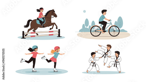 Set of enthusiastic children participating in various outdoor sports activities like horseback riding, cycling, skating, and karate.