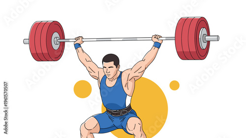 Strong male athlete in a blue singlet performing a heavy barbell snatch during a professional weightlifting training session.