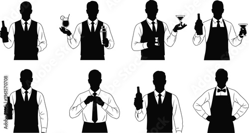 Silhouette bartenders in formal attire serving drinks, cocktail shakers, bottles, glasses, hospitality staff illustration for bar service events