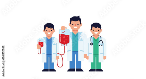 Three doctors in medical uniform standing.