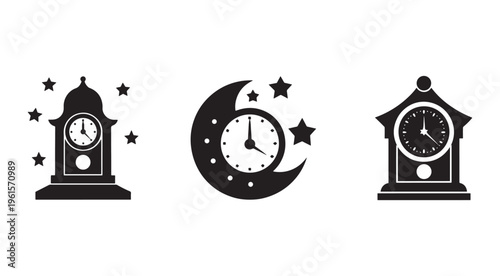 Black and white clock icons with moon and stars  clock face designs  time and date symbols