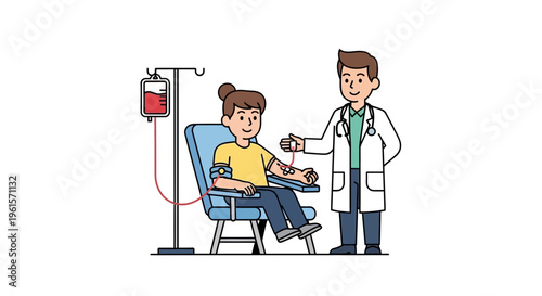 Woman receiving blood transfusion from doctor.