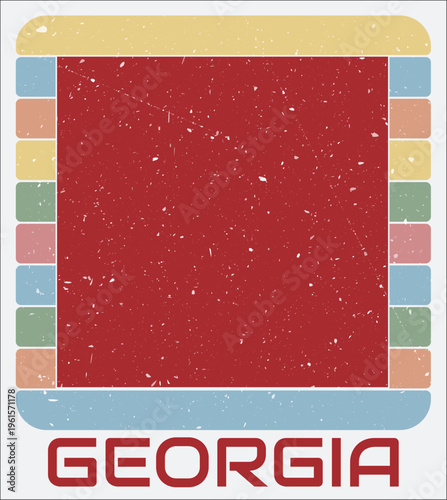 Georgia vintage logo. Shape of the country on retro colored stripes background. Georgia map design with grunge scratch texture. Vector illustration.
