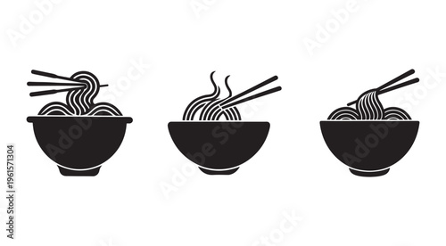 Black and white illustrations of bowls of noodles with chopsticks  three variations  isolated on white background