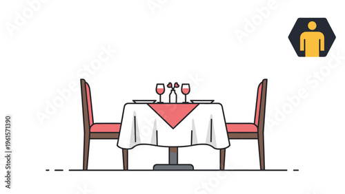 Elegant romantic dinner table for two people set with a white tablecloth, red runner, wine glasses, and matching red chairs.
