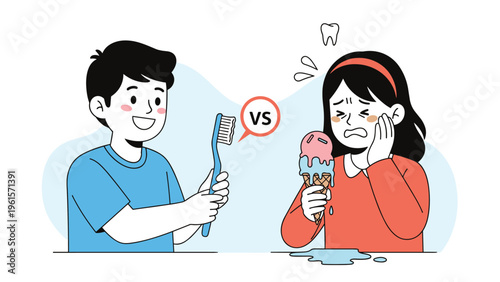 Visual comparison between a boy with healthy teeth after brushing and a girl crying from a painful toothache after eating ice cream.