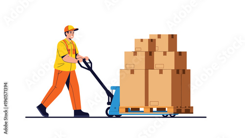 Warehouse worker in a yellow and orange uniform pushing a manual pallet jack loaded with several large cardboard boxes.