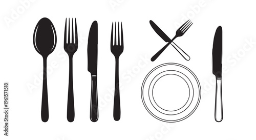 A set of black utensils and plate on a white background for dining