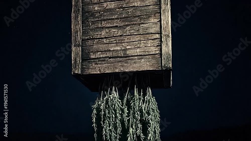 Wooden container suspended with hanging plant material below