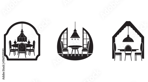 Black and white silhouettes of dining rooms with tables and chairs and lamps  interior design elements