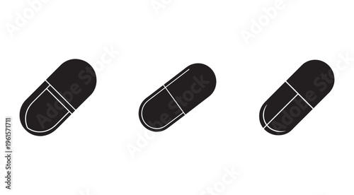 Black capsule pills icons set  medical drug symbols  health supplements  pharmaceutical medication  healthcare