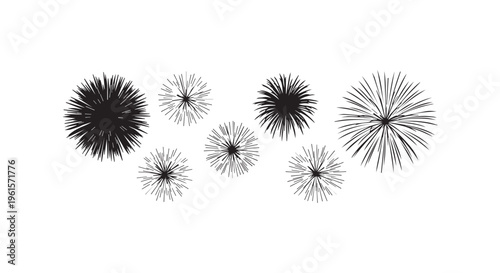 Black and white illustration of dandelion seed heads floating in air
