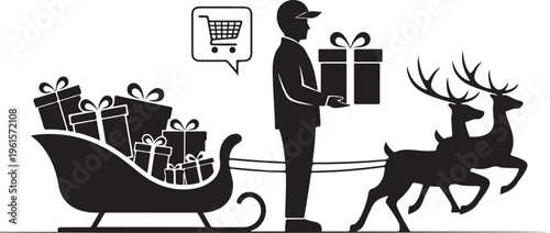 Man in suit pulling reindeer with gifts and shopping cart