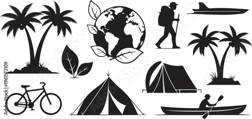 Travel and adventure icons in black and white style
