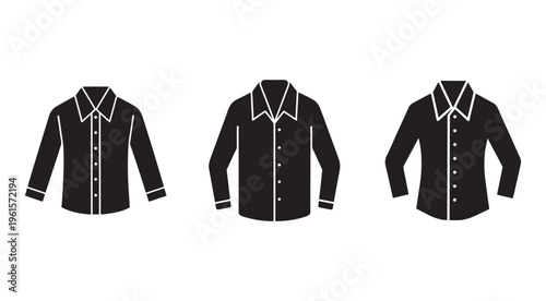 Black shirts with white outlines and buttons on a white background  various views  fashion design elements