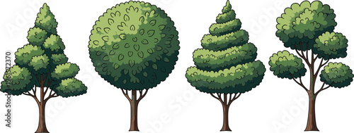 Set of four green tree vector illustrations with round and conical foliage shapes isolated on white background for nature landscape and park design projects.