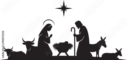 Nativity scene silhouette with Mary, Joseph, and animals present